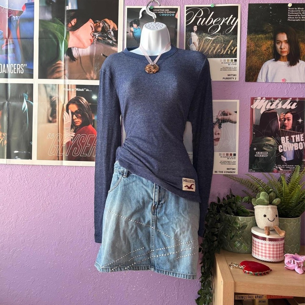 Hollister Navy Blue Waffle Knit Thermal Long Sleeve Top Size Small